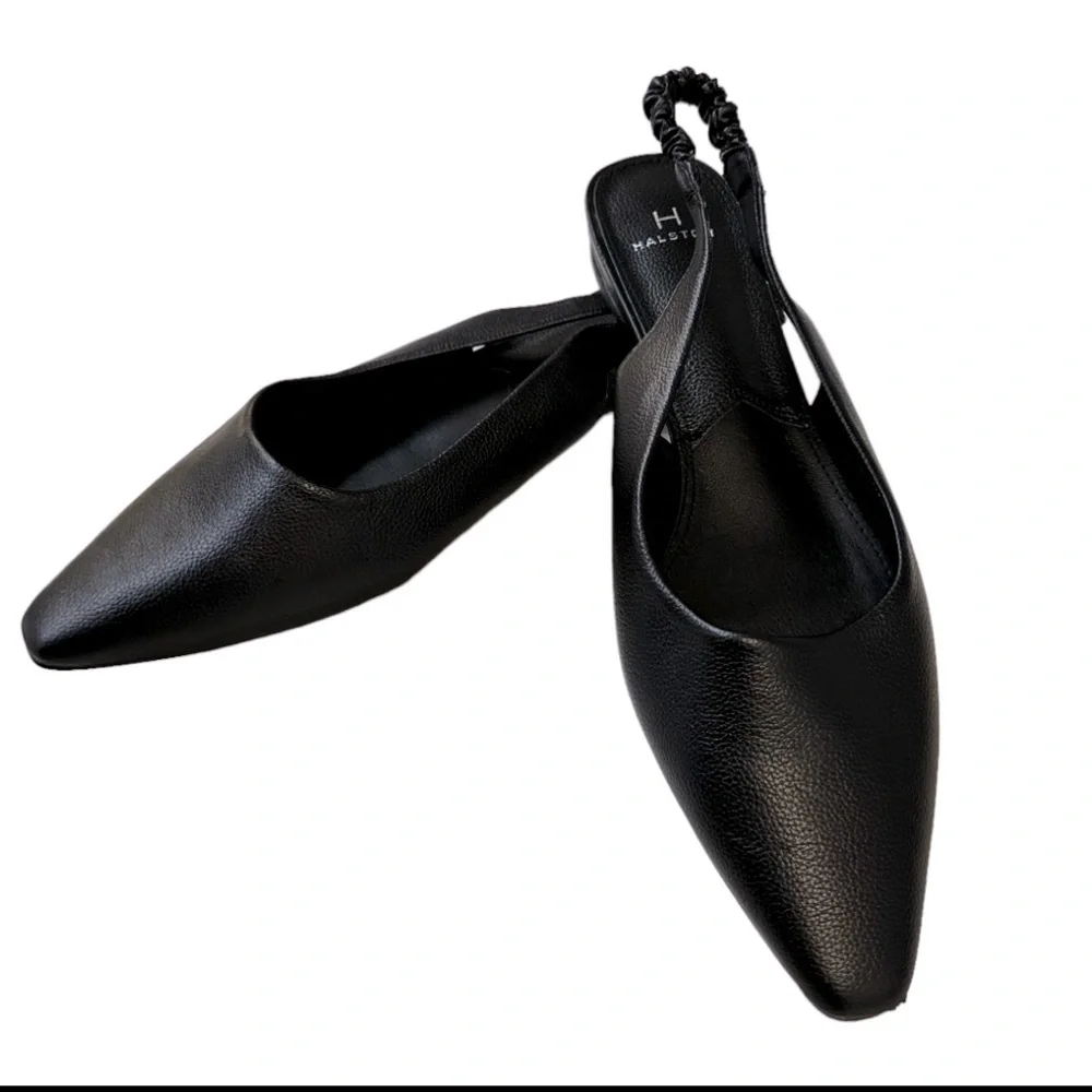 Halston Black Heyden Sling Back Flats Pointed Toe Shoes - Picture 2 of 6